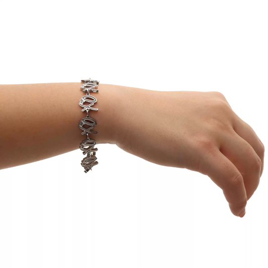 XO Stainless Steel Link Bracelet – Multi Logo Charms, Adjustable Chain